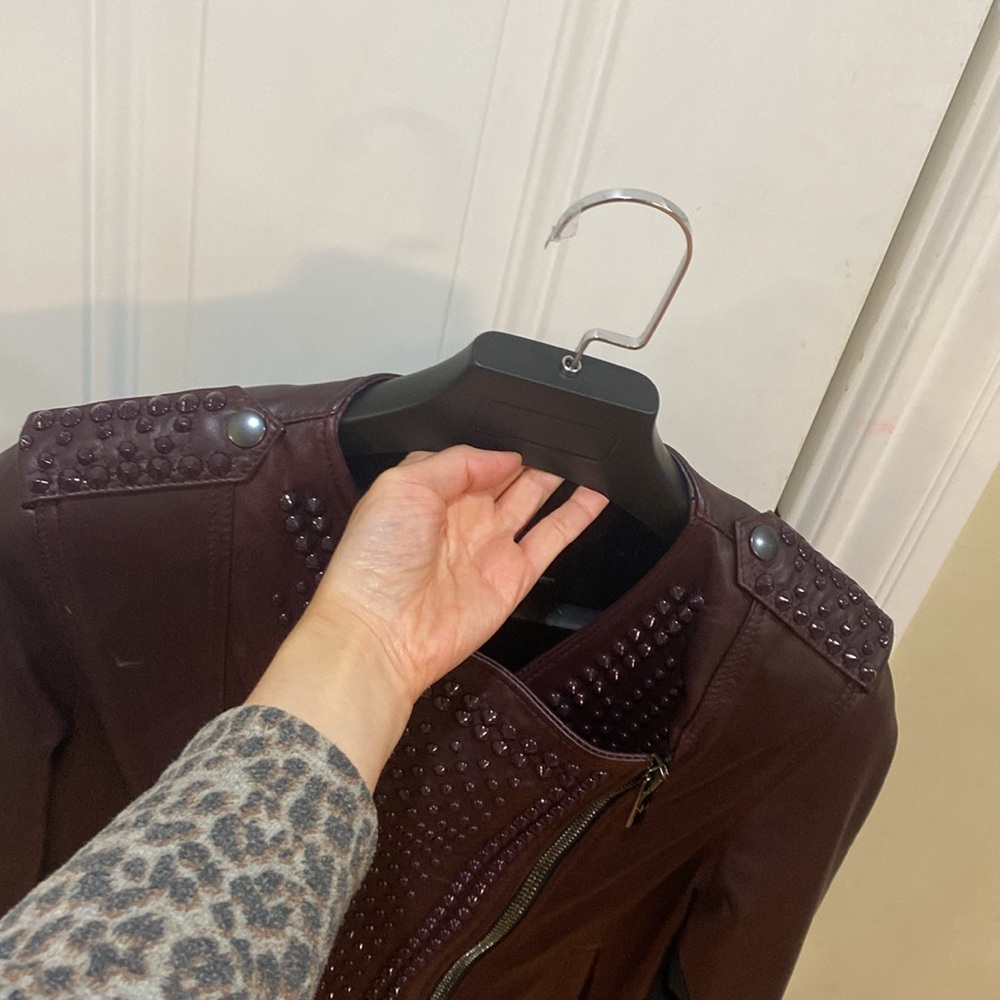 New with Tag Designer Nour Hammour Burgundy Studded Erin Leather Jacket - Picture 15 of 17